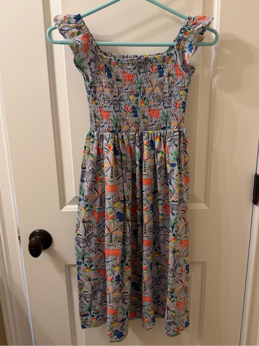 Mini Boden Light Blue Floral & Animal Print Smocked Sundress